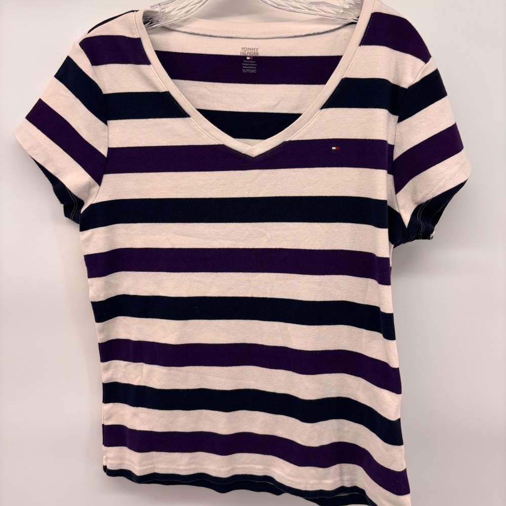 Tommy Hilfiger‎ Womens Striped V Neck T Shirt Tee Top Purple Navy White XLarge